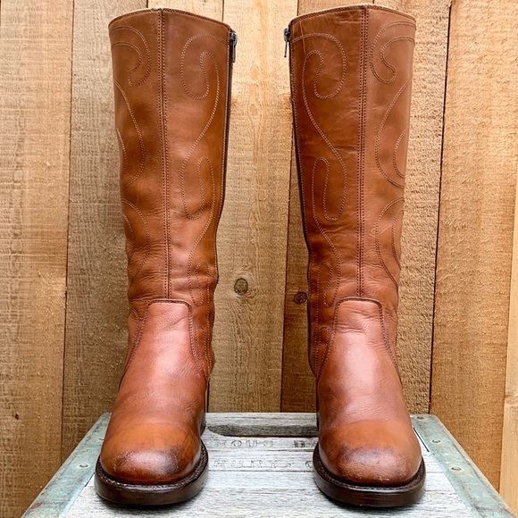 Sold Frye Campus Vintage Y2K Boots Retro Swirl Tall Knee High Chunky Brown Zip - Picture 5 of 11